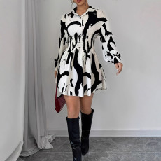 Print POLO Neck Long Sleeve Mini Dress SHMF-1005