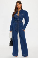 Fashion Long Sleeve Tie Up Denim Jumpsuit LX-3589