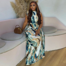 Sleeveless Print Pleated Maxi Dress GJYO-JD303573