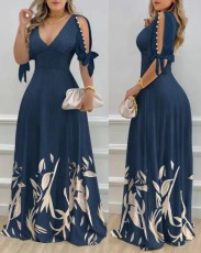 V Neck Off Shoulder Print Maxi Dress GJMF-97762