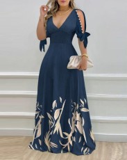 V Neck Off Shoulder Print Maxi Dress GJMF-97762