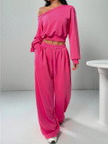 Solid Color Slash Shoulder Long Sleeve Pants Set YH-9021