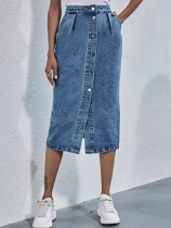 High Waisted Single Breasted Denim Half Body Skirt GYXN-30592