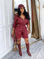 Solid Color Leather Hooded Two Piece Shorts Set SFY-810