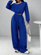 Solid Color Slash Shoulder Long Sleeve Pants Set YH-9021