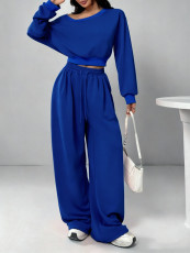 Solid Color Slash Shoulder Long Sleeve Pants Set YH-9021