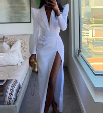 Long Sleeve Solid Color Split Maxi Dress GJMF-97789