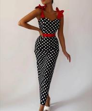 Polka Dot Print Tie Up Sling Maxi Dress GJMF-96679