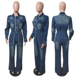 Fashion Long Sleeve Raw Edge Denim Two Piece Pant Set LX-8608