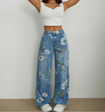 Fashion Print Denim Wide Leg Jeans GYXN-15875#