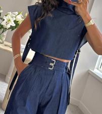 Casual Short Sleeve Denim Two Piece Pant Set GJMF-97779