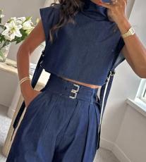 Casual Short Sleeve Denim Two Piece Pant Set GJMF-97779