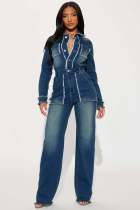 Fashion Long Sleeve Raw Edge Denim Two Piece Pant Set LX-8608