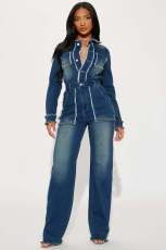 Fashion Long Sleeve Raw Edge Denim Two Piece Pant Set LX-8608