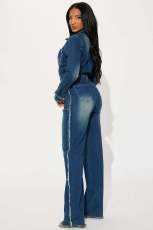 Fashion Long Sleeve Raw Edge Denim Two Piece Pant Set LX-8608