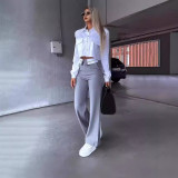 Solid Color Lapel Neck Two Piece Pant Set GJMF-97787
