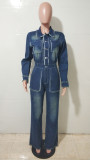 Fashion Long Sleeve Raw Edge Denim Two Piece Pant Set LX-8608