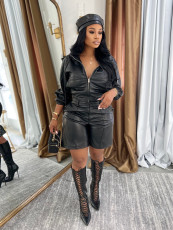 Solid Color Leather Hooded Two Piece Shorts Set SFY-810