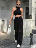 Fashion Holes High Waist Wide Leg Jeans GYXN-10193