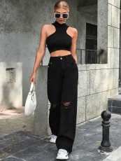 Fashion Holes High Waist Wide Leg Jeans GYXN-10193