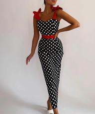 Polka Dot Print Tie Up Sling Maxi Dress GJMF-96679