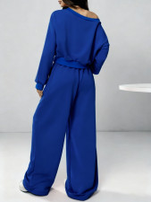 Solid Color Slash Shoulder Long Sleeve Pants Set YH-9021