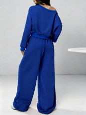 Solid Color Slash Shoulder Long Sleeve Pants Set YH-9021