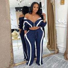 Contrast Color Zipper Tops Two Piece Pants Set MXBF-D25ST390