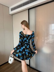 Long Sleeve V Neck Print Ruffles Mini Dress GJMF-97809