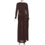Solid Color Long Sleeve Ruched Maxi Dress XEF-K25D85711