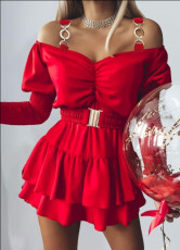Solid Color Off Shoulder Puff Sleeve Mini Dress(With Belt) GJMF-97775
