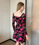 Long Sleeve V Neck Print Ruffles Mini Dress GJMF-97809