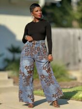 Plus Size Retro Flocked Floral Print Jeans GYLN-8430