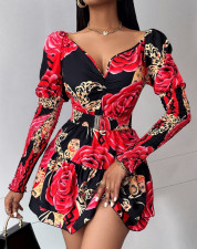 Print Long Sleeve V Neck Mini Dress GJMF-97778