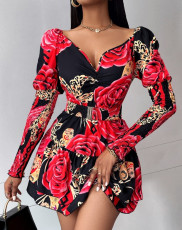 Print Long Sleeve V Neck Mini Dress GJMF-97778