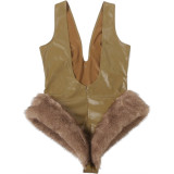 Sleeveless V Neck Plush Patchwork Bodysuit XEF-K25K83444