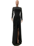 Solid Color Tie Up Irregular Split Maxi Dress QODY-6072