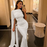 Solid Color Ribbon Ruched Long Dress XEF-K25D87615