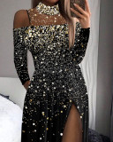 Mesh Patchwork Print Long Sleeve Split Maxi Dress GJMF-97759