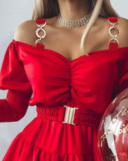 Solid Color Off Shoulder Puff Sleeve Mini Dress(With Belt) GJMF-97775