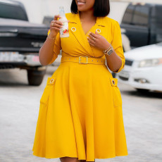 Plus Size Solid Color Long Sleeve Midi Dress GCZF-8647