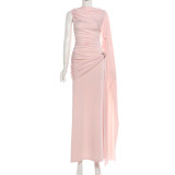 Solid Color Ribbon Ruched Long Dress XEF-K25D87615