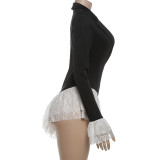 Deep V Neck Long Sleeve Lace Patchwork Romper XEF-K25K86130