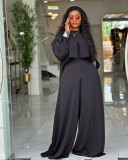 Plus Size Solid Color Lantern Sleeve Tops Two Piece Pants Set NNWF-8153