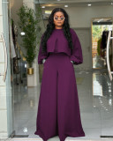 Plus Size Solid Color Lantern Sleeve Tops Two Piece Pants Set NNWF-8153