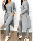 Plus Size Long Sleeve Solid Color Long Coat+Jumpsuit 2 Piece Set GJMF-97763
