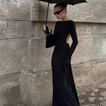 Sexy Backless Chain Long Sleeve Maxi Dress XEF-K25D86126