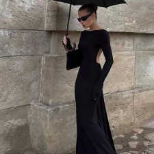 Sexy Backless Chain Long Sleeve Maxi Dress XEF-K25D86126