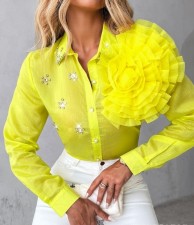 3D Floral See Through Diamond-Studded Shirt GJMF-97771