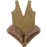 Sleeveless V Neck Plush Patchwork Bodysuit XEF-K25K83444